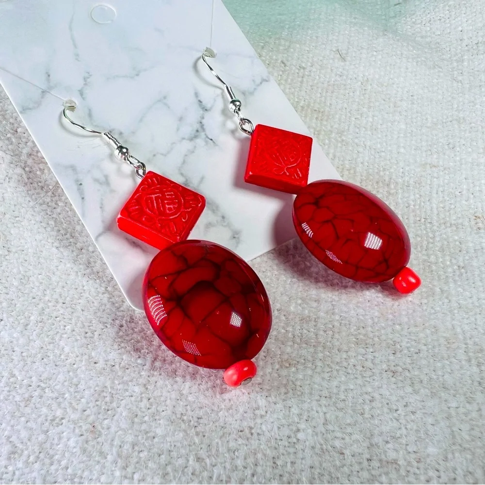 Dangle Drop‎ Beaded Earrings Chinese Symbol With Red Bead 925 Sterling Silver